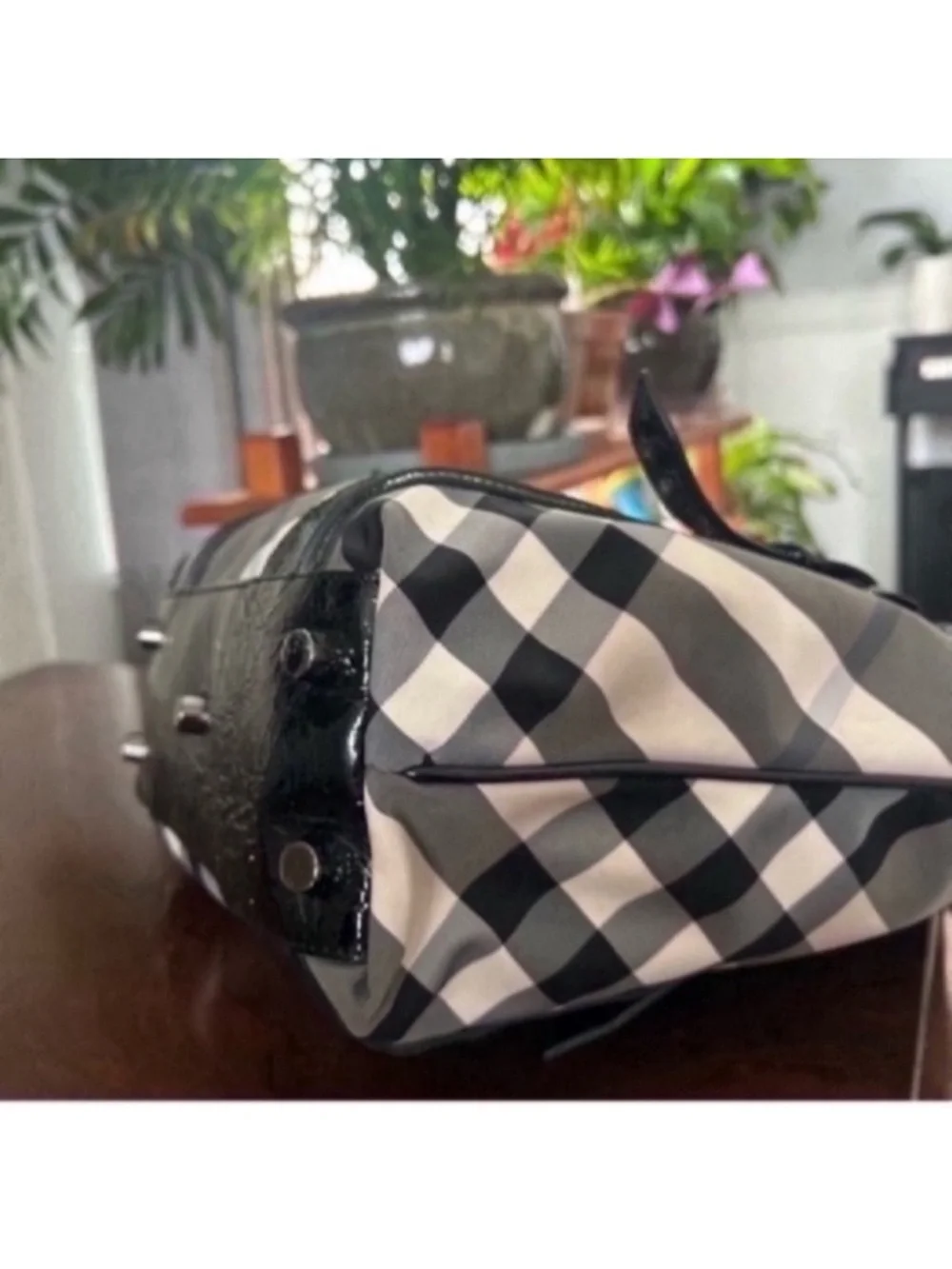 Burberry Black and Gray Plaid Messenger Tote with Patent Trim - Picture 9 of 13